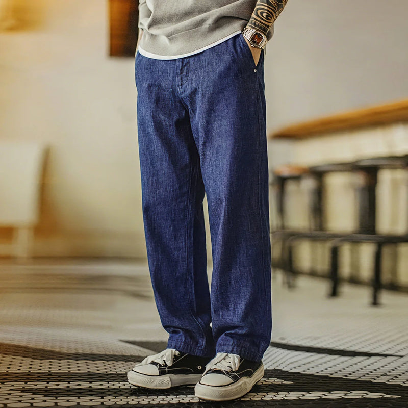 Maden Men's Vintage Denim Jeans Washed Blue Lightweight Baggy Straight Wide Leg Zipper Casual Spring Summer Pants