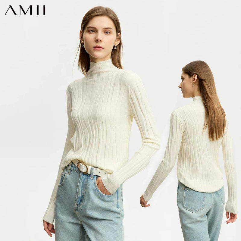 Amii Minimalist Women's Wool Sweater 2026 Winter Warm New Slim Knit Bottoming Tops Elastic Mock Neck Pullover Sweaters 12324064