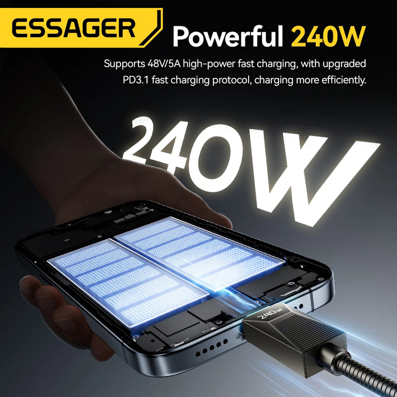 ខ្សែសាក Essager 240W Super Fast Charge Type-C ខ្សែសាកដែកអ៊ីណុក 100W សាកលឿន 5A សម្រាប់ Macbook iPad iPhone 16 15 Pro Ma