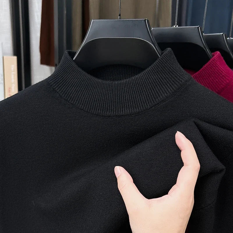 Male Classic Mid Neck Knit Jumper Long Sleeve Rib Trim Lightweight Fabric Travel Street Daily Outfit