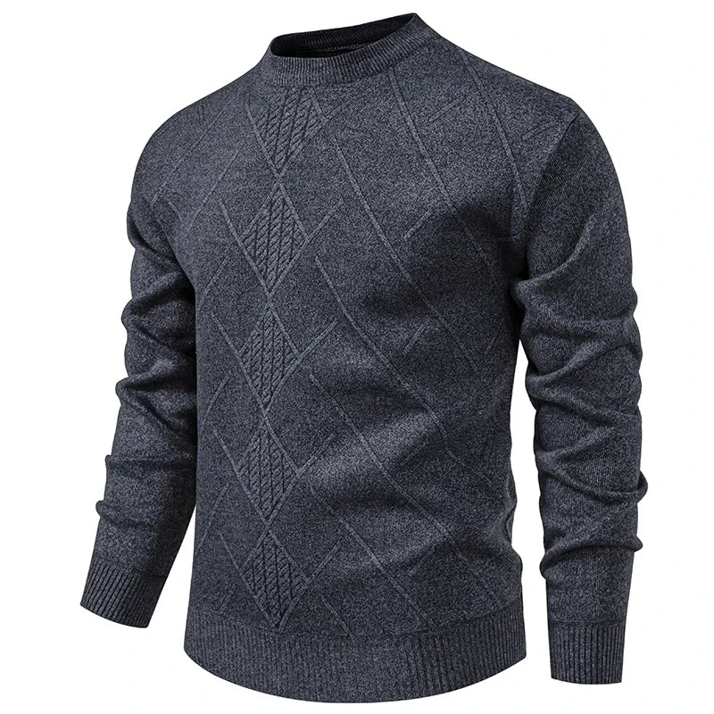 Semi Formal Male Winter Sweater Thick Fleece Lining Geometric Diamond Woven Pattern Crew Neck Long Sleeve Top