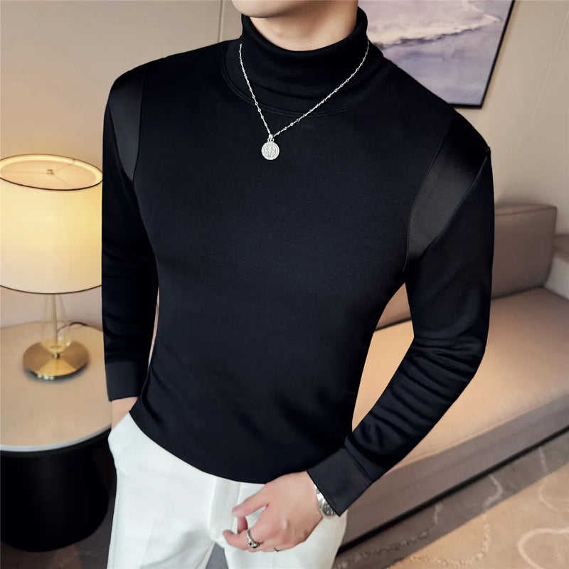 Turtleneck Stitching Long Sleeve T-shirt, Men's Thickening Stretch Fleece Bottoming Shirt, Fashion Slim-Fitting T-shirt