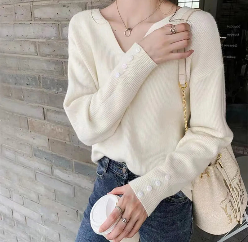 Elegant V Neck Long Sleeve Knitwear Woman Clothes Spring Autumn Pullover Sweater Basic Wear Knitted Tops Female Pulls Jumper
