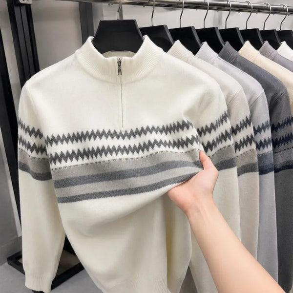 Men's Half-Zip Mock Neck Knit Sweater Fashion Geometric Pattern Casual Business Pullover Autumn Winter Warm Pullover