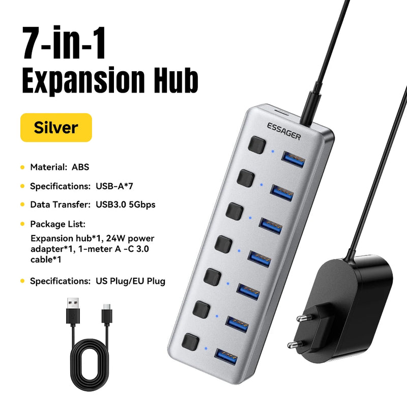 Essager 7 ច្រក USB A HUB ពហុច្រក USB 3.0 5Gbps Splitter Adapter ជាមួយឆ្នាំងសាក EU/US 24W សម្រាប់ទូរស័ព្ទ Macbook Pro PC Laptop