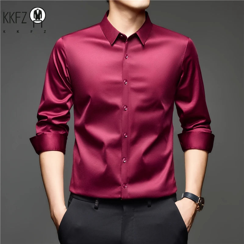 Mens Lightweight Button Up Dress Shirt Lapel Collar Long Sleeve Glossy Texture Top For Daily Business Occasions