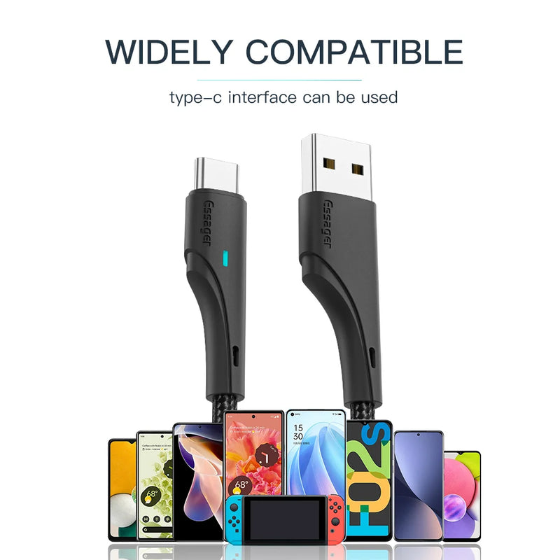 ខ្សែសាក Essager USB Type C សម្រាប់ Samsung Xiaomi Huawei ខ្សែសាក USB C 3A ប្រភេទ C ឆ្នាំងសាកទូរស័ព្ទចល័ត USB-C ខ្សែទិន្នន័យ