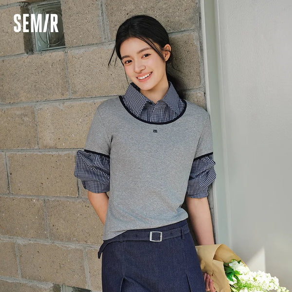អាវយឺត Semir សម្រាប់នារី មានអារម្មណ៍ត្រជាក់ ក រាងអក្សរ U ត្រង់ ស្មា ស្លីម ប៉ាក់ រដូវក្តៅ ឆ្នាំ២០២៦ ម៉ូដធម្មតា