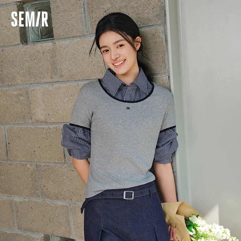Semir Women Tshirt Cool Feeling Contrast U Neck Straight Shoulder Slim Embroidery Summer 2026 Casual Fashion Top
