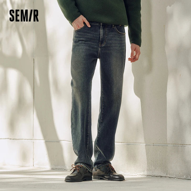 Semir Senrou Denim Jeans Men Whisker Retro Distressed Straight Leg 2025 Winter New Long Pants Elastic Men'S Wear