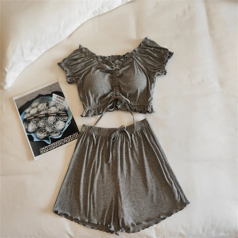 Summer Woman Pajamas Shorts Nightwear Chest Pads Pijama 2 Piece Sets Sleepwear Women's Pajamas Home Suit Pyjamas Female Clothing
