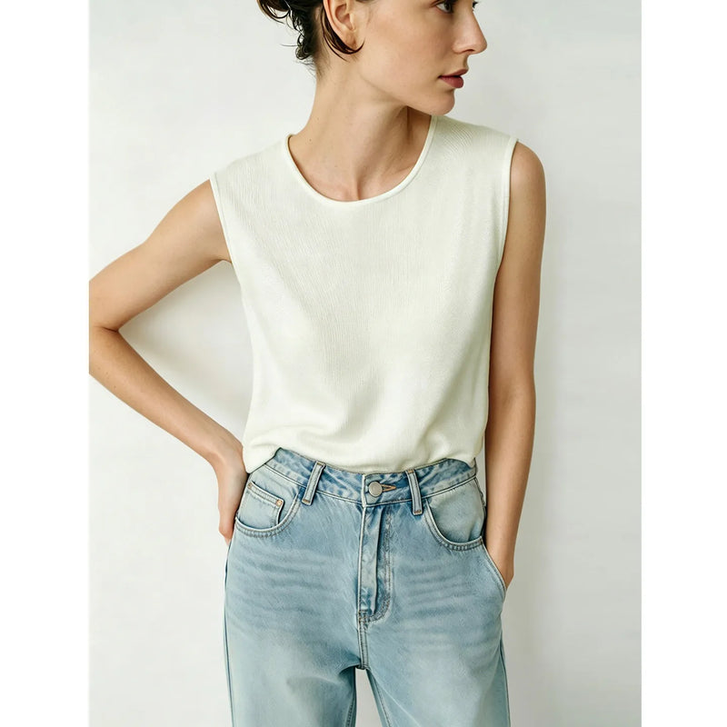 Amii Women's Knit Top 2026 Summer New Round Neck Sleeveless Sweater Draped Cutout Loose Fit Casual Pullover For Women 12622205