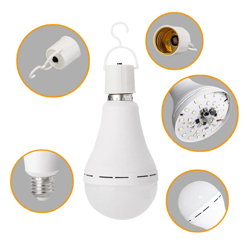 7-12W Rechargeable Emergency Light Bulbs with E27 Base Hanging Hooks Energy-Saving Lights for Outdoor Sports Camping Fishing