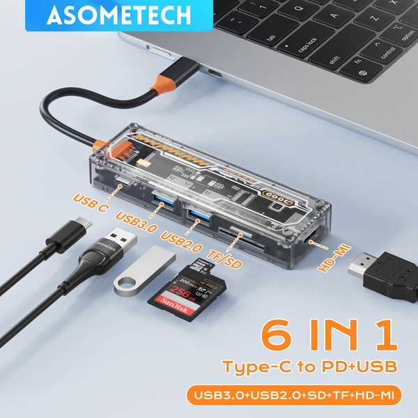 6-in-1 USB C Hub ប្រភេទ-c PD 100W ឧបករណ៍ភ្ជាប់ពហុច្រក USB 3.0 HDMI ឧបករណ៍ភ្ជាប់មជ្ឈមណ្ឌលបំបែកស្ថានីយចតសម្រាប់កុំព្យូទ័រយួរដៃ Macbook Air