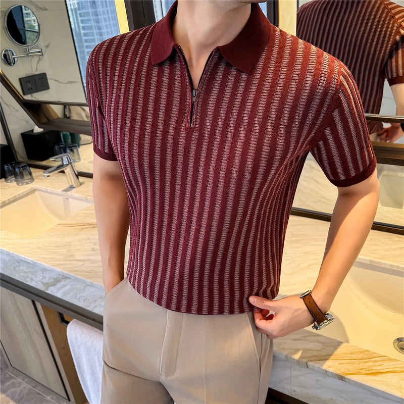 Lyocell Linen Polo Shirt Striped Half Zipper Knitted Short-Sleeved T-shirt T Men's Knitted Short Sleeve Breathable Perspiration