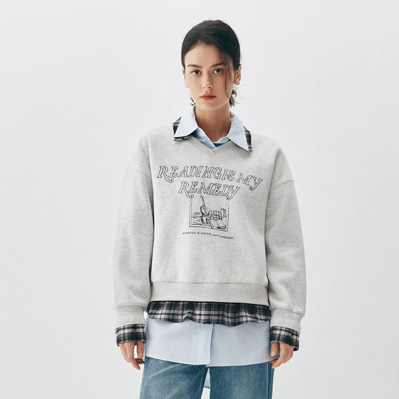 Semir Women Sweatshirt Fleece Lined Layered Look Turn Down Collar Retro Style 2026 Winter Warm Layer Everyday Wear