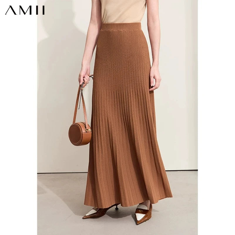 Amii Minimalism 2026 Women Skirts Autumn New Organ Pleated Elastic Waist Knit Pleated Basics Skirt A Line Long Skirt 12423068
