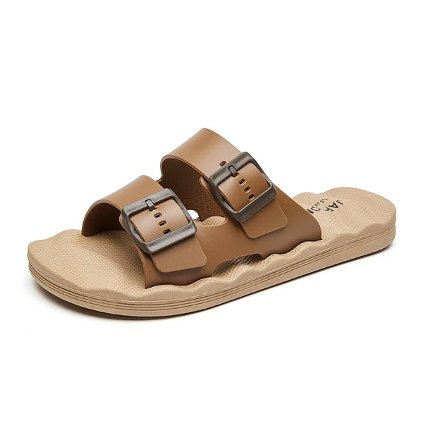 Men's Adjustable Double Buckle Slide Sandals EVA Comfort Flat Slides Non Slip Casual Slippers for Indoor Outdoor Beach Shower