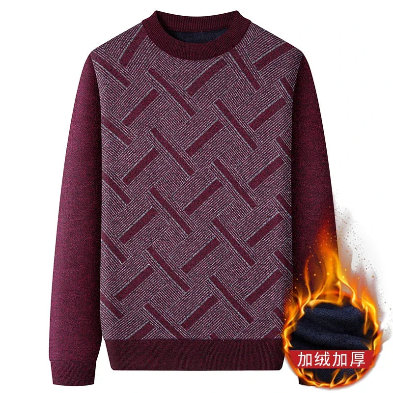 Street Style Male Knit Sweater Geometric Interlaced Stripe Pattern Comfortable Crew Neck Daily Outing Long Sleeve Top