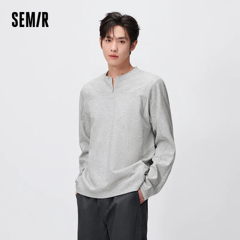 Semir Men Tshirt Long Sleeve Half Placket Textured Crew Neck Knit 2026 Autumn Couple Letter Print Casual Top Daily Wear