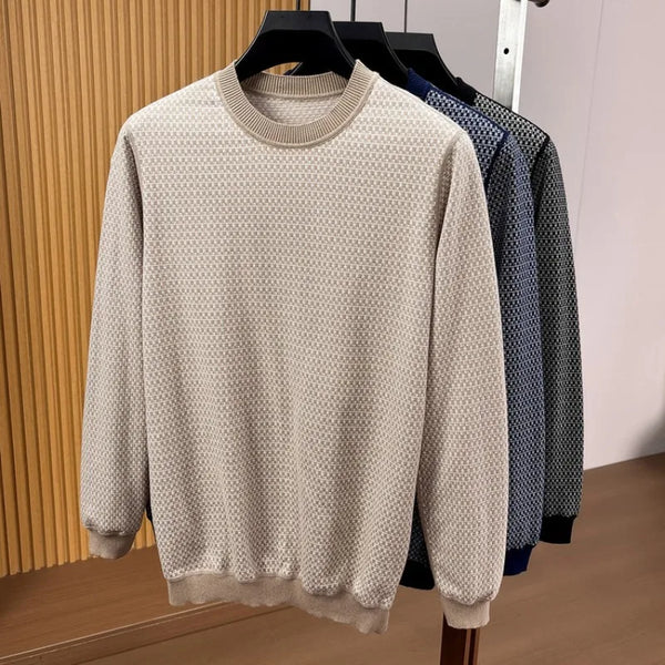 100% Cotton Textured Grid Knit Sweater – Long Sleeve Crewneck Slim Fit Pullover for Autumn Winter (3 Colors, M-4XL)