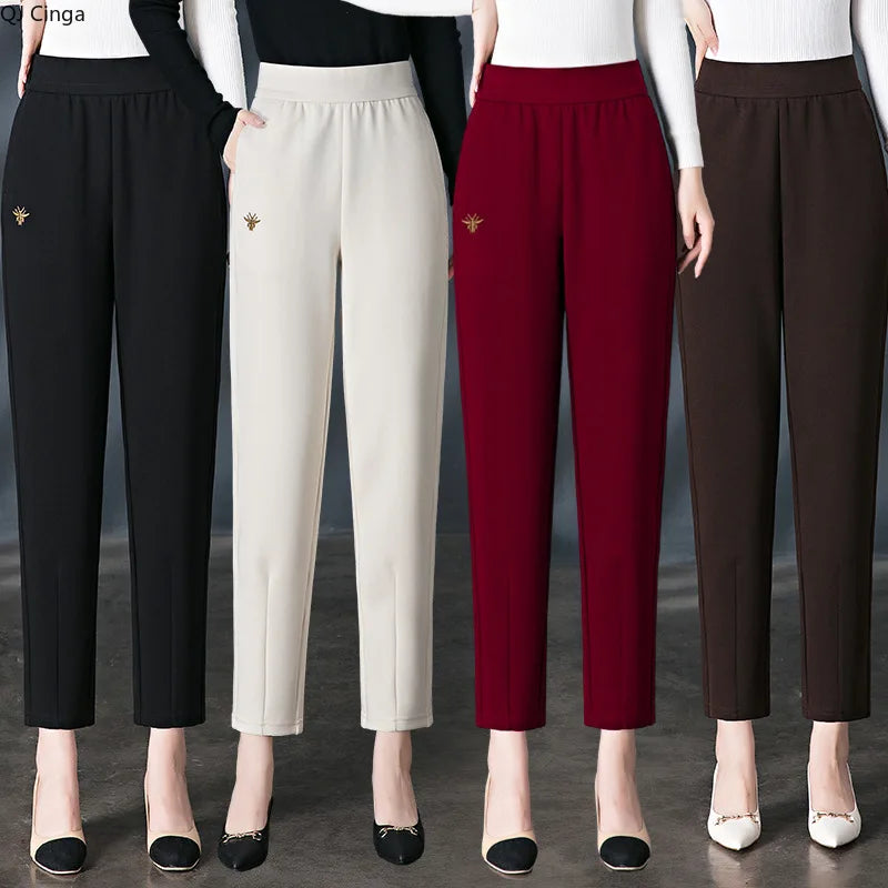 Women's Red High-waisted Harem Pants, Black Elastic Waist Casual Pant, Beige Girls' Embroidered Stretch Trousers. Asian Sizes