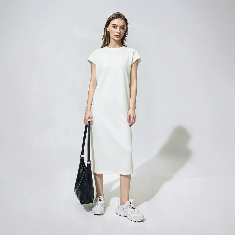 Amii Women's T-Shirt Dress 2026 Summer New Round Neck Lace Trim Back Slit Casual Air Layer Short Sleeve Midi Dress 12642128
