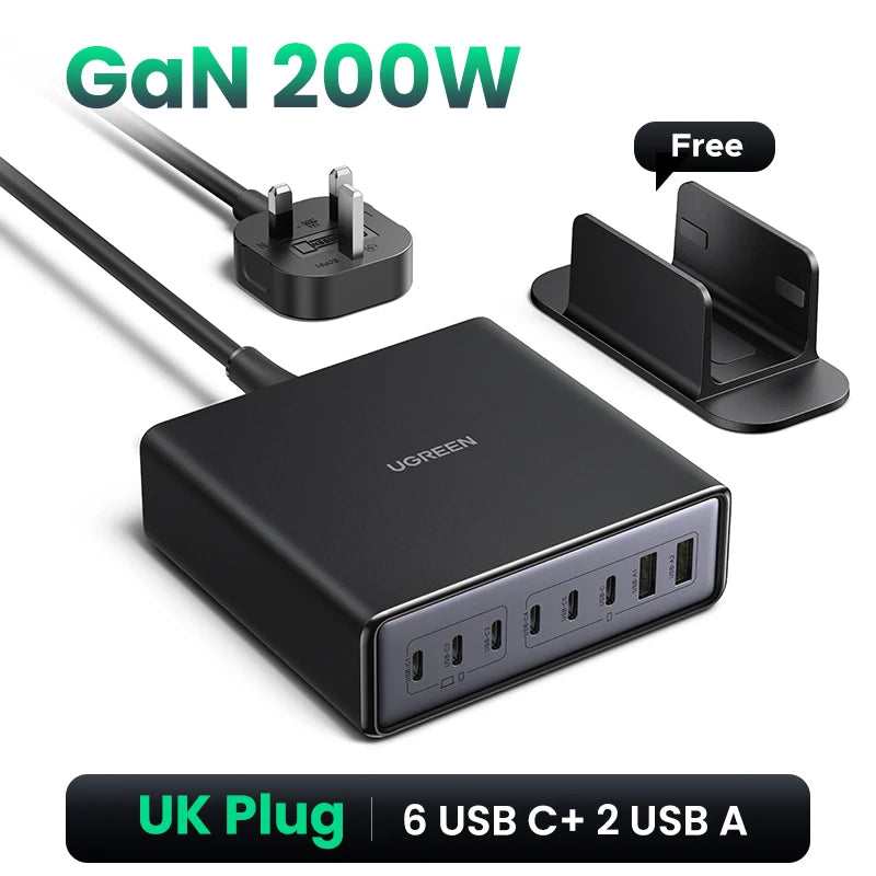 UGREEN 200W GaN Charger 8 in 1 Desktop Laptop Fast Charging Stand For iPhone 18 17 16 Pro Max Macbook Air Xiaomi Samsung Tablets