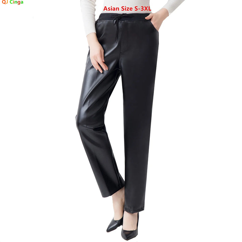2026 Spring Women's Black PU Straight Pants, Fashion Casual Trousers Women, Asian Size Winter Padded Models Can Be Selected