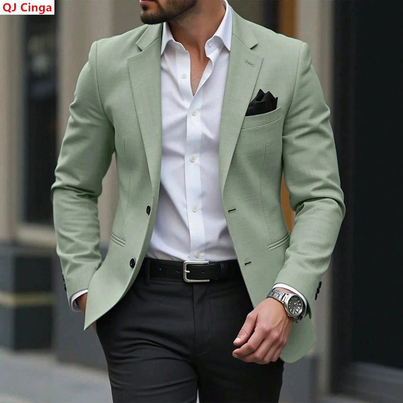 Men's Long-sleeve Suit Jackets for Fall, Green Business-casual Coat, and Formal Tops for Weddings and Parties.