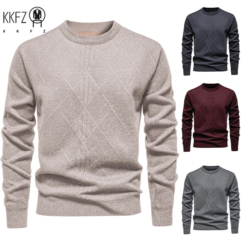 Semi Formal Male Winter Sweater Thick Fleece Lining Geometric Diamond Woven Pattern Crew Neck Long Sleeve Top