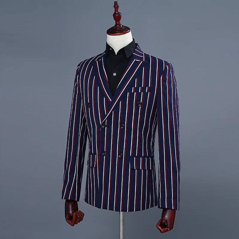 Navy Blue Mens Double-breasted Suit Two-piece Set, White Vertical Striped Jacket Paired with Matching Trousers, Asian Size S-XXL