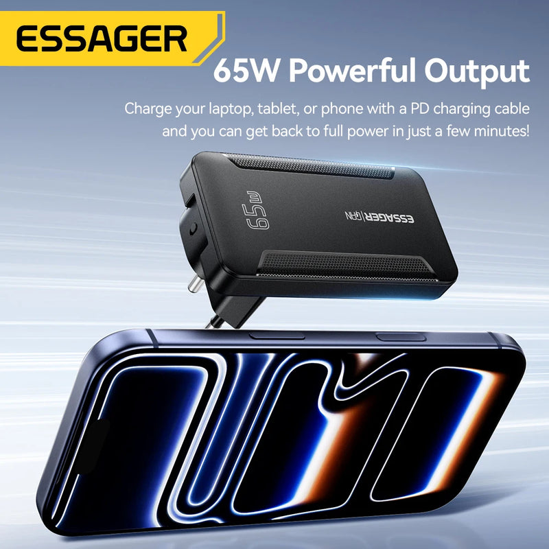 ឆ្នាំងសាក Essager Ultra Thin 65W GaN Pro Travel Charger Quick Charge 4.0 PD3.0 សាកថ្មចល័តប្រភេទ C សម្រាប់ iPhone Samsung Macbook Laptop