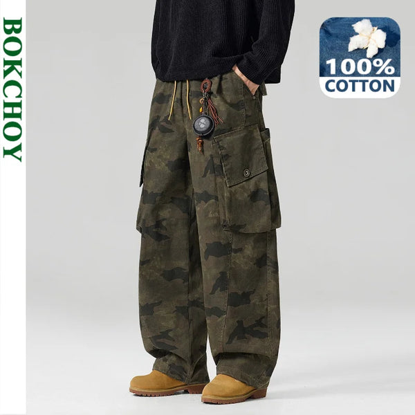 2026 Autumn New 100% Cotton Vintage Camouflage Pants for Men Clothing Big Pocket Drawstring Loose Cargo Trousers GF268812