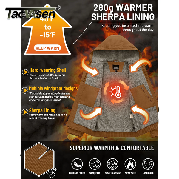 TACVASEN Men's Hooded Work Sherpa Insulated Jacket Winter Fleece Lined Duck Heavy Duty Canva Cotton Coat with Hoodie Waterproof