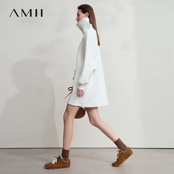 AMII Minimalist Grey Dresses For Women 2026 Autumn Large Turn-Down Collar Pullover Sports Dresses Loose Casual Dresses 12513003