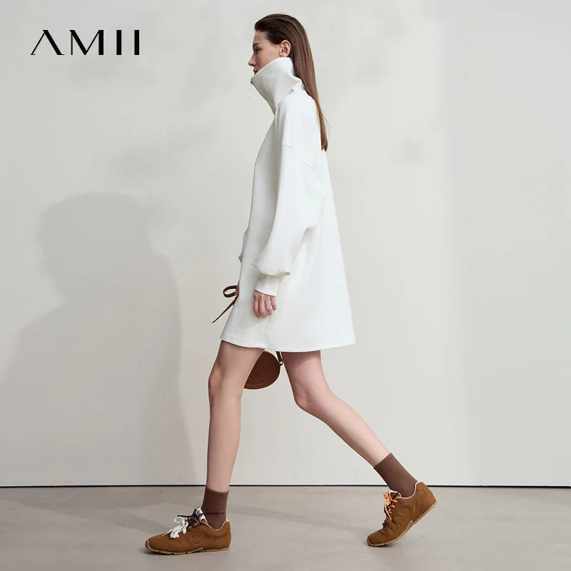 AMII Minimalist Grey Dresses For Women 2026 Autumn Large Turn-Down Collar Pullover Sports Dresses Loose Casual Dresses 12513003