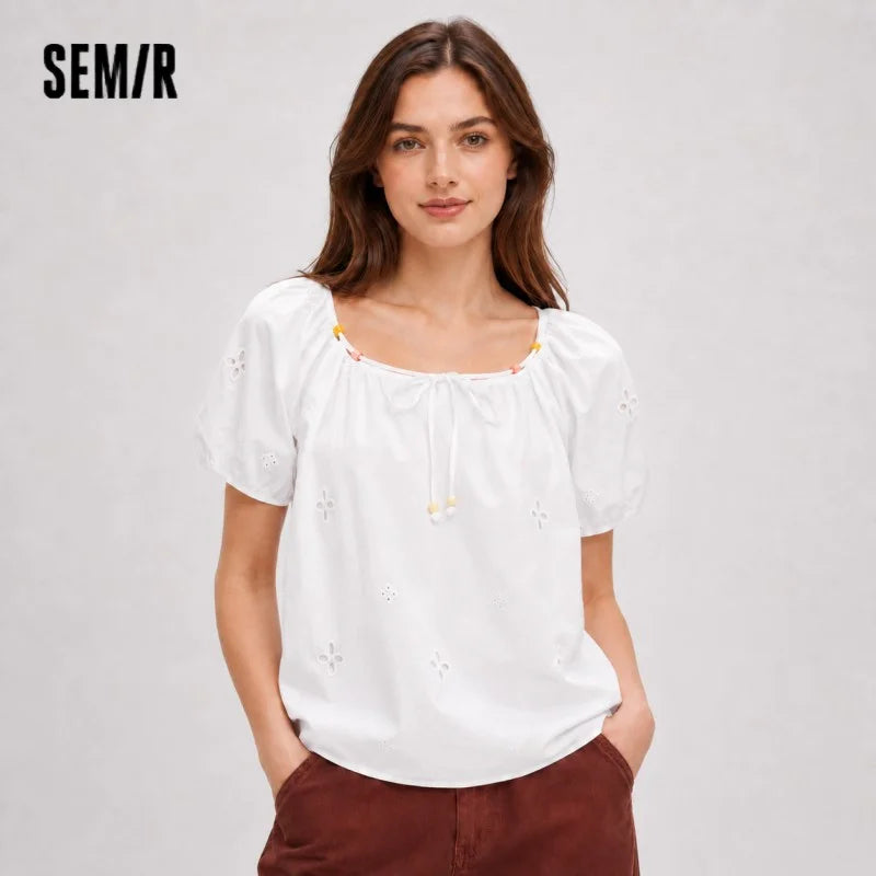 Semir Women Shirt Short Length Beaded Square Neck Puff Sleeve White French Cute 2026 Summer Casual Top