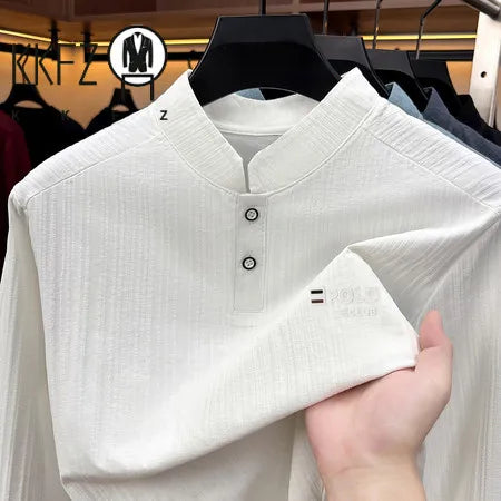 Mens Relaxed Mandarin Collar Shirt Long Sleeve Vertical Texture Embroidery Detail Casual Street Fashion Outer Top