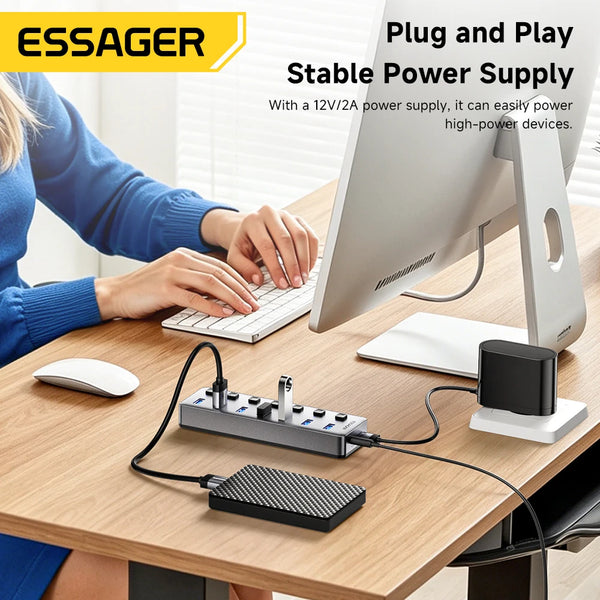 Essager 7 ច្រក USB A HUB ពហុច្រក USB 3.0 5Gbps Splitter Adapter ជាមួយឆ្នាំងសាក EU/US 24W សម្រាប់ទូរស័ព្ទ Macbook Pro PC Laptop