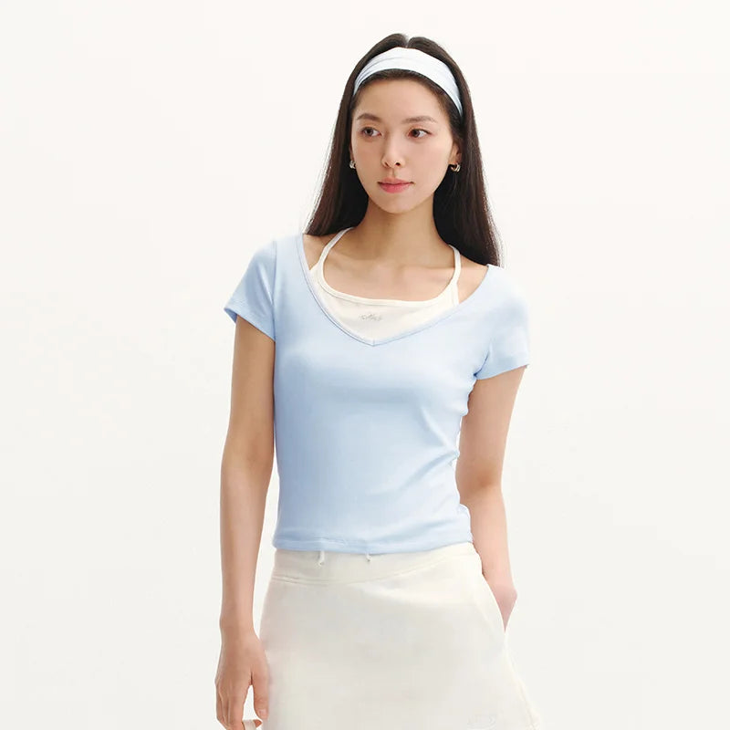 Semir Womens Tshirt 2026 Short Halter V Neck Fake Two Piece Bow Slim Rhinestone Casual Fashion