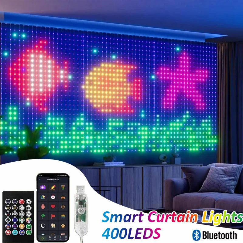 USB LED Smart Curtain Lights Multicolor Fairy Light Remote Bluetooth APP Control DIY Text Cartoon Music Change Display Christmas