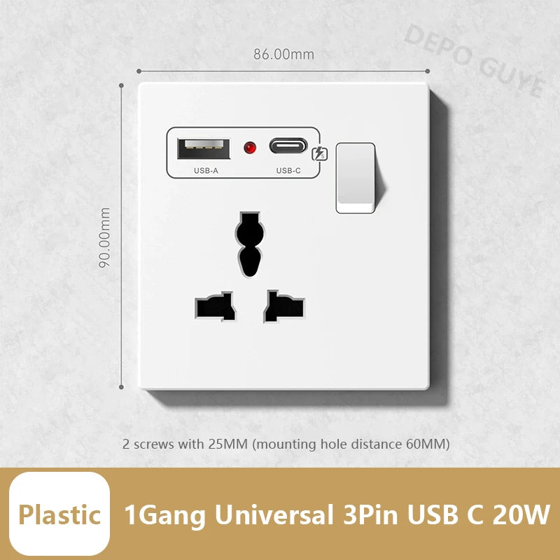 Universal 20W Type-C Wall Quick charge Socket,Dual Switch control Universal Power outlet,White UK Standard USB Interface Socket