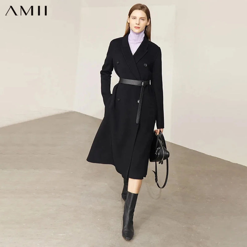 AMII Minimalism 100% Wool Coat Women 2026 Winter Double-breasted French Style Elegant Commuter Loose Long Clothing Tops 12270566
