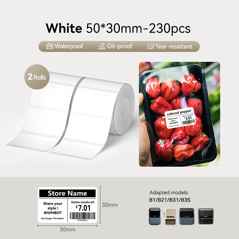 2 Rolls NIIMBOT B1 B21 B3S Thermal Label Clothing Price Food Self-adhesive Tag Waterproof Office Pocket Printer Label Paper