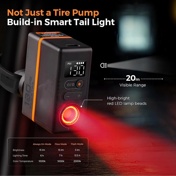 FLEXTAIL TINY BIKE PUMP ACS - Mini Electric Bike Pump, 130PSI Bicycle Tire Pump with Pressure Gauge and Built-in Taillight