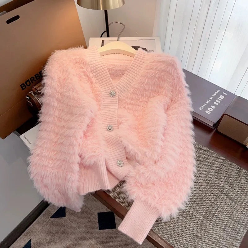 Mink Fleece Knitted Sweater Women's Clothing 2026 Autumn Winter Soft V-neck Cardigan Sweater Jacket Fashion Long-sleeved Top