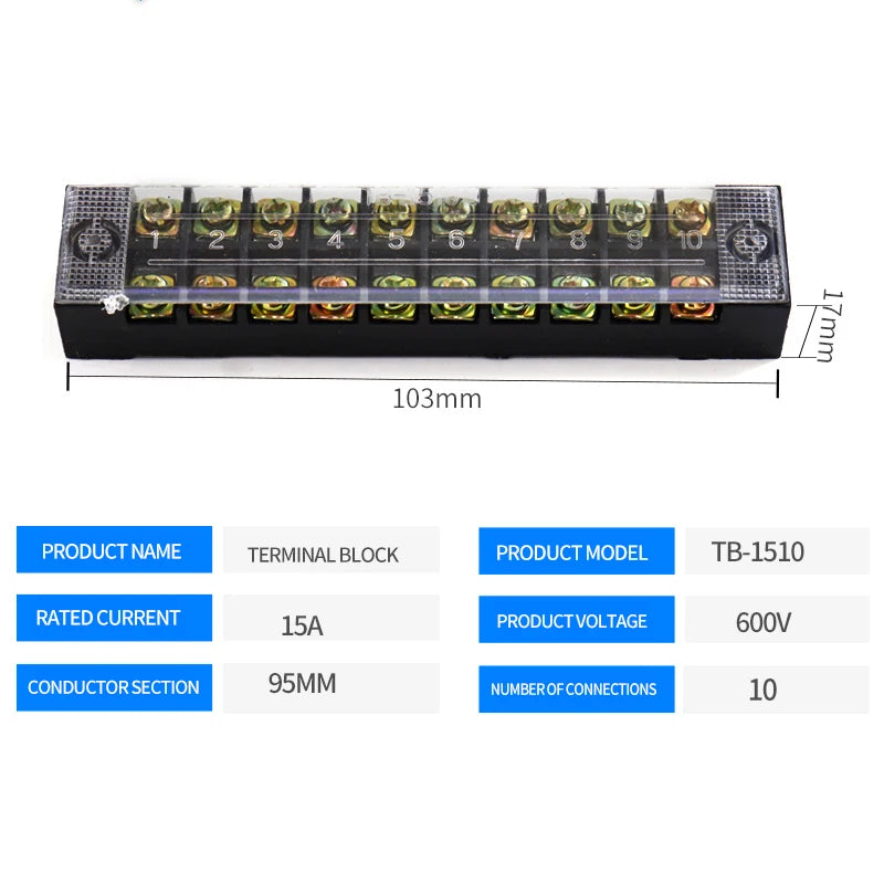 15A/25A/45A 3/4/6/8/10/12 Dual Row Barrier Screw Terminal Block Strip Wire Connector 600V Positions Optional