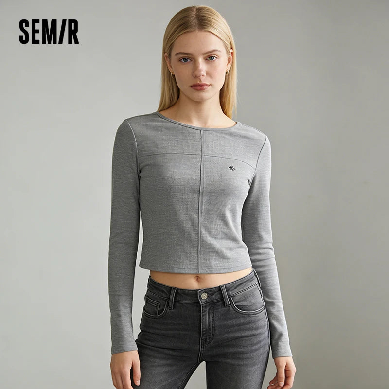 Semir Stylish Tshirt Women 2026 Spring Short Boat Neck Slim Fit Embroidered Inner Layer Unique Design Versatile Top