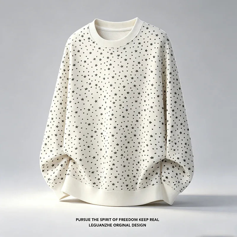 Mens Long Sleeve Crew Neck Star Print Pullover Soft Fleece Relaxed Fit Fabric Casual Street Top For Autumn